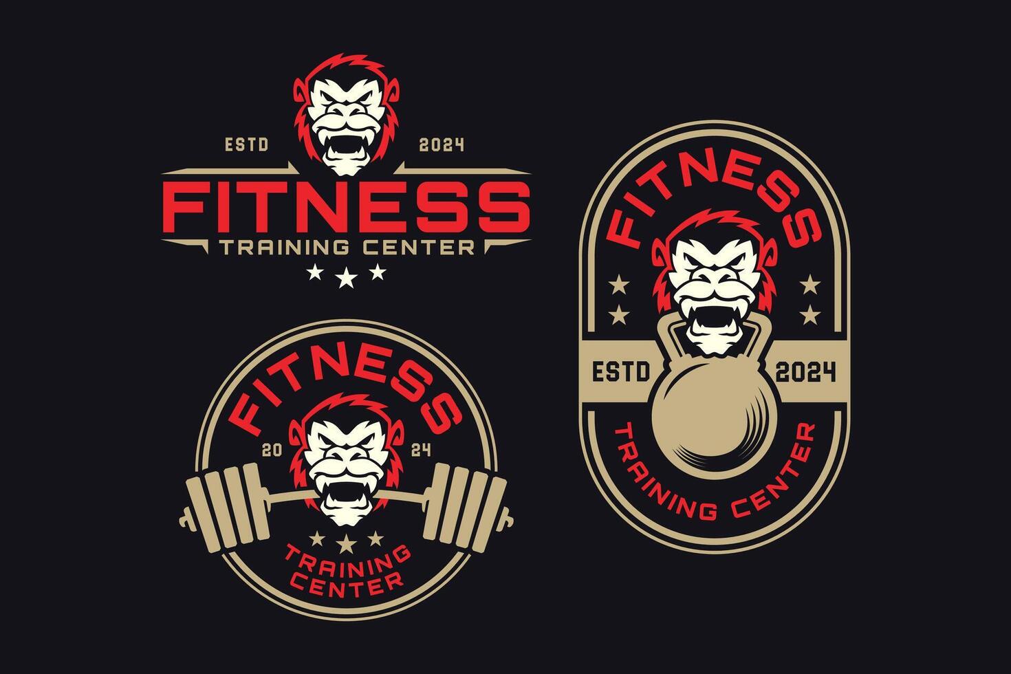 wild ape or kong with barbell, kettlebell logo design for fitness, gym, bodybuilder, weightlifting vector