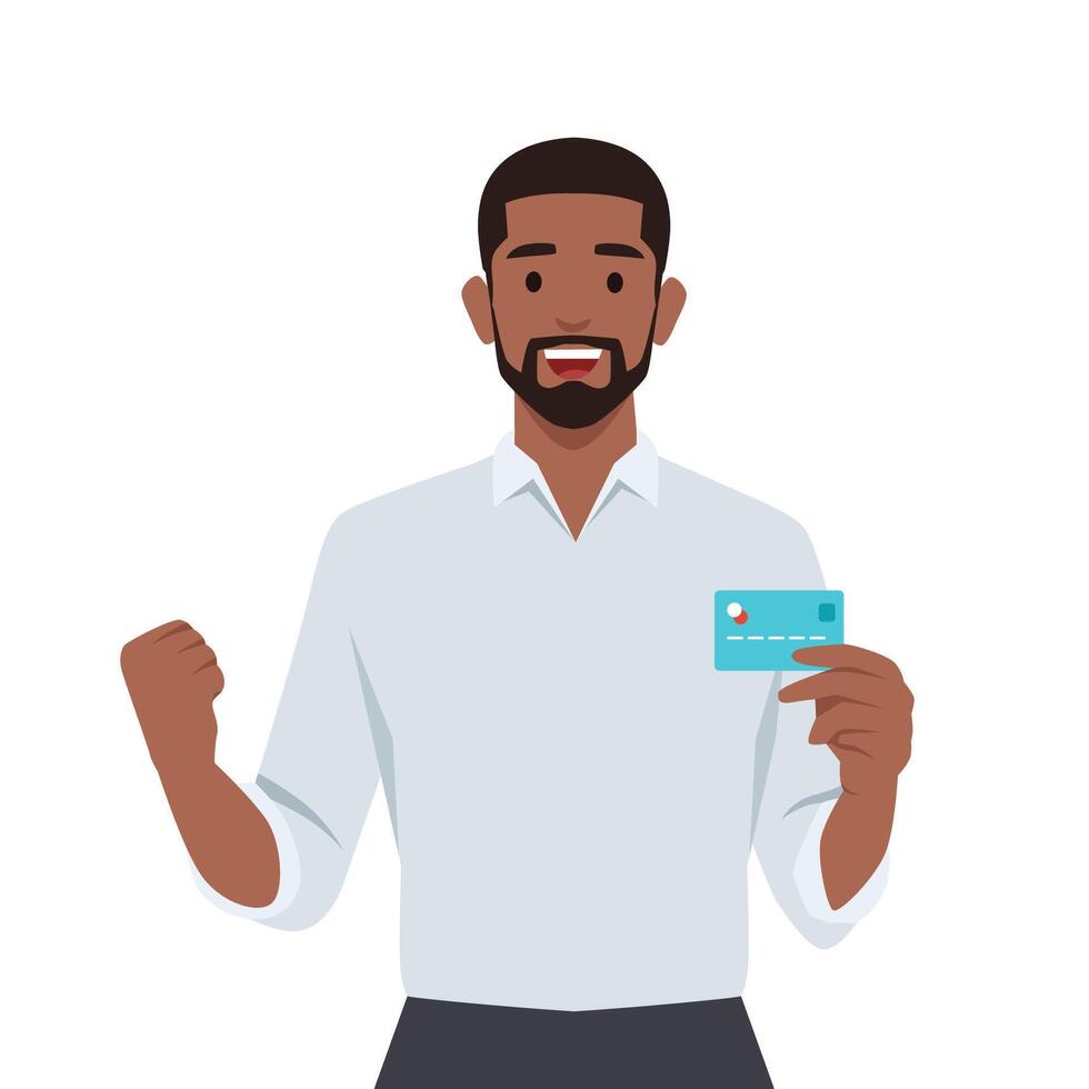 Happy young businessman showing credit, debit, ATM card. Man making raised hand fist gesture. vector