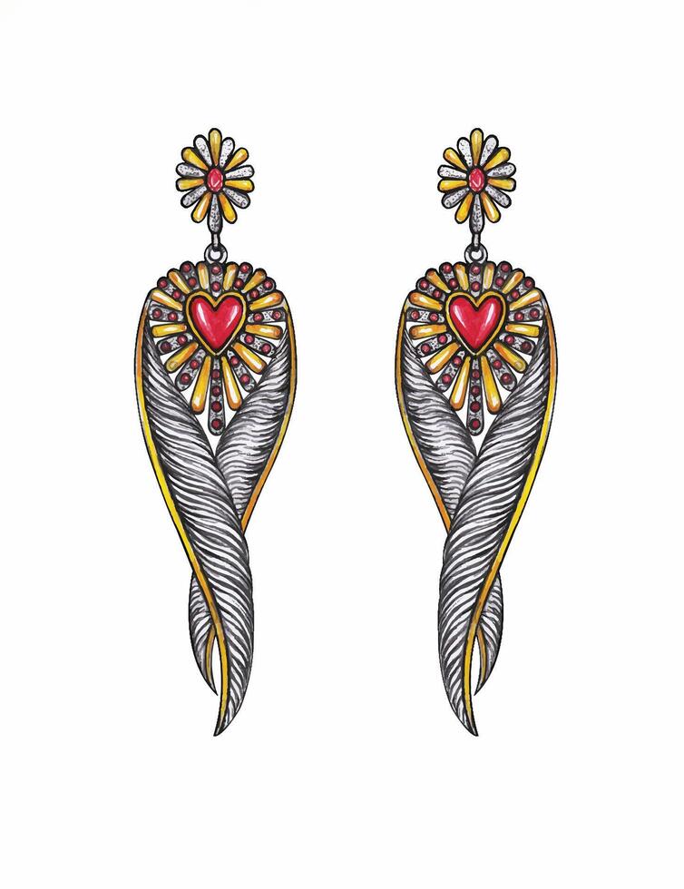 Jewelry design fancy feather earrings sketch by hand on paper. vector