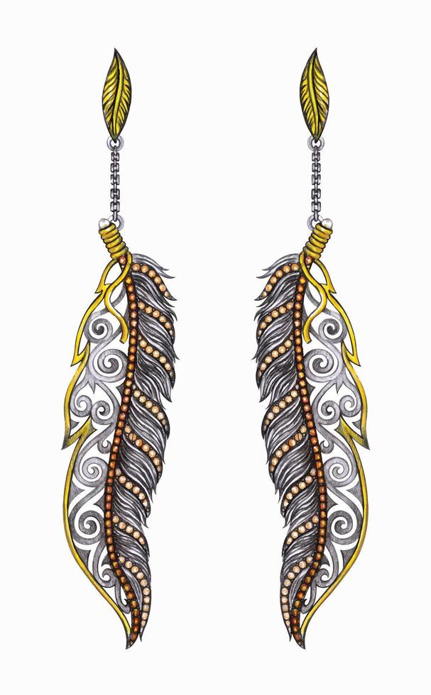 Jewelry design art vintage mix fancy feather earrings sketch by hand on paper. vector