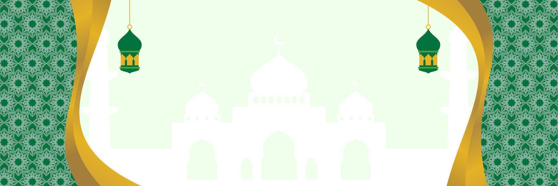 Green Islamic background, with lantern ornament, mandala and mosque silhouette. free copy space area. banner design, greeting cards for Islamic holidays, Eid al-Fitr, Ramadan, Eid al-Adha vector