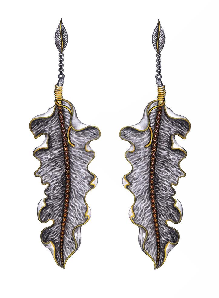 Jewelry design fancy surreal feather earrings sketch by hand on paper. vector