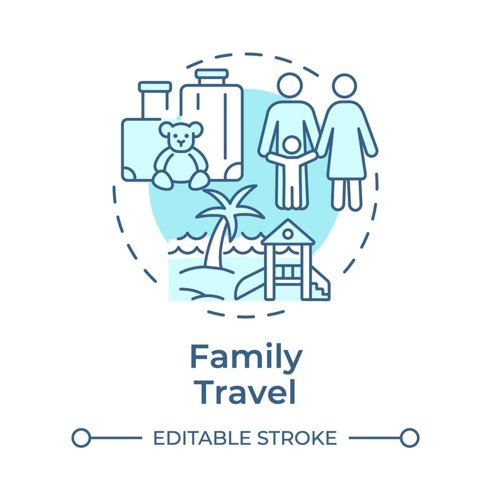 Family travel soft blue concept icon. Travelling with children. Beach vacation. Leisure trip. Round shape line illustration. Abstract idea. Graphic design. Easy to use in application vector