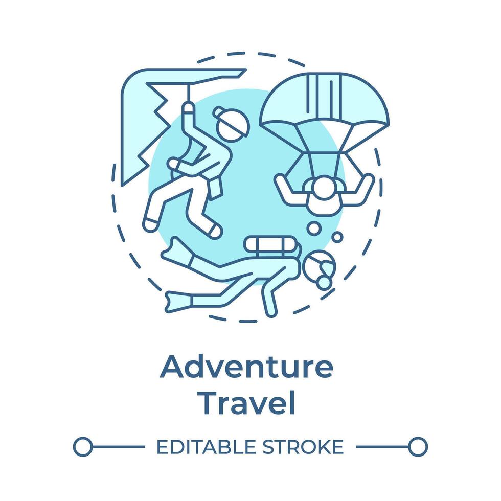 Adventure travel soft blue concept icon. Trend in travelling. Extreme sports. Seeking new experience. Round shape line illustration. Abstract idea. Graphic design. Easy to use in blog post vector