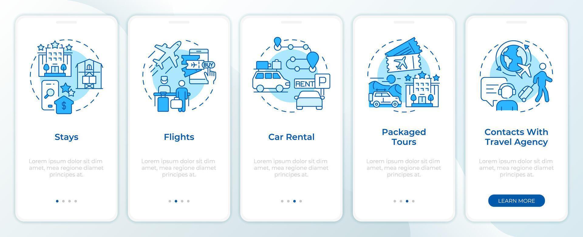 Travel services blue onboarding mobile app screen. Tourism walkthrough 5 steps editable graphic instructions with linear concepts. UI, UX, GUI template vector