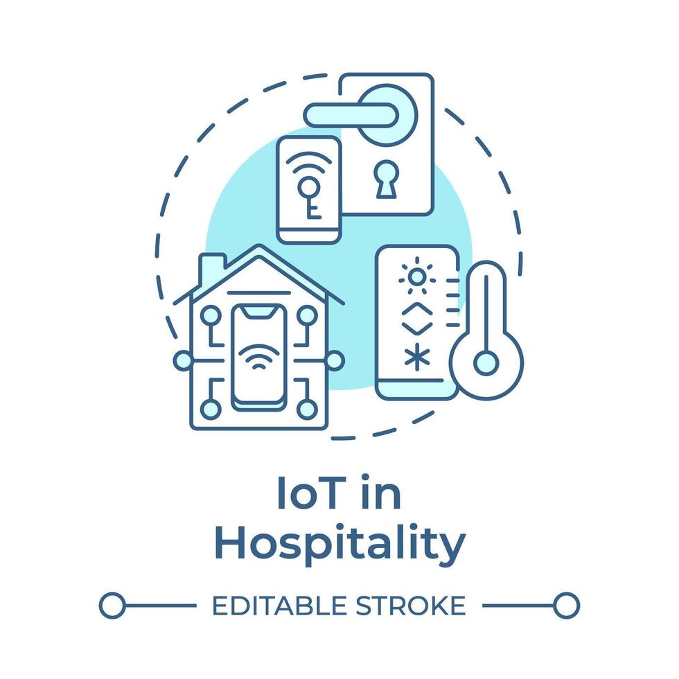 IoT in hospitality soft blue concept icon. Smart hotel. Technology integration in travelling. Round shape line illustration. Abstract idea. Graphic design. Easy to use in blog post vector