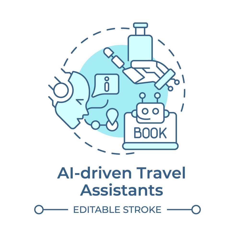 AI-driven travel assistants soft blue concept icon. Virtual assistance. Technology integration in travelling. Round shape line illustration. Abstract idea. Graphic design. Easy to use in blog post vector