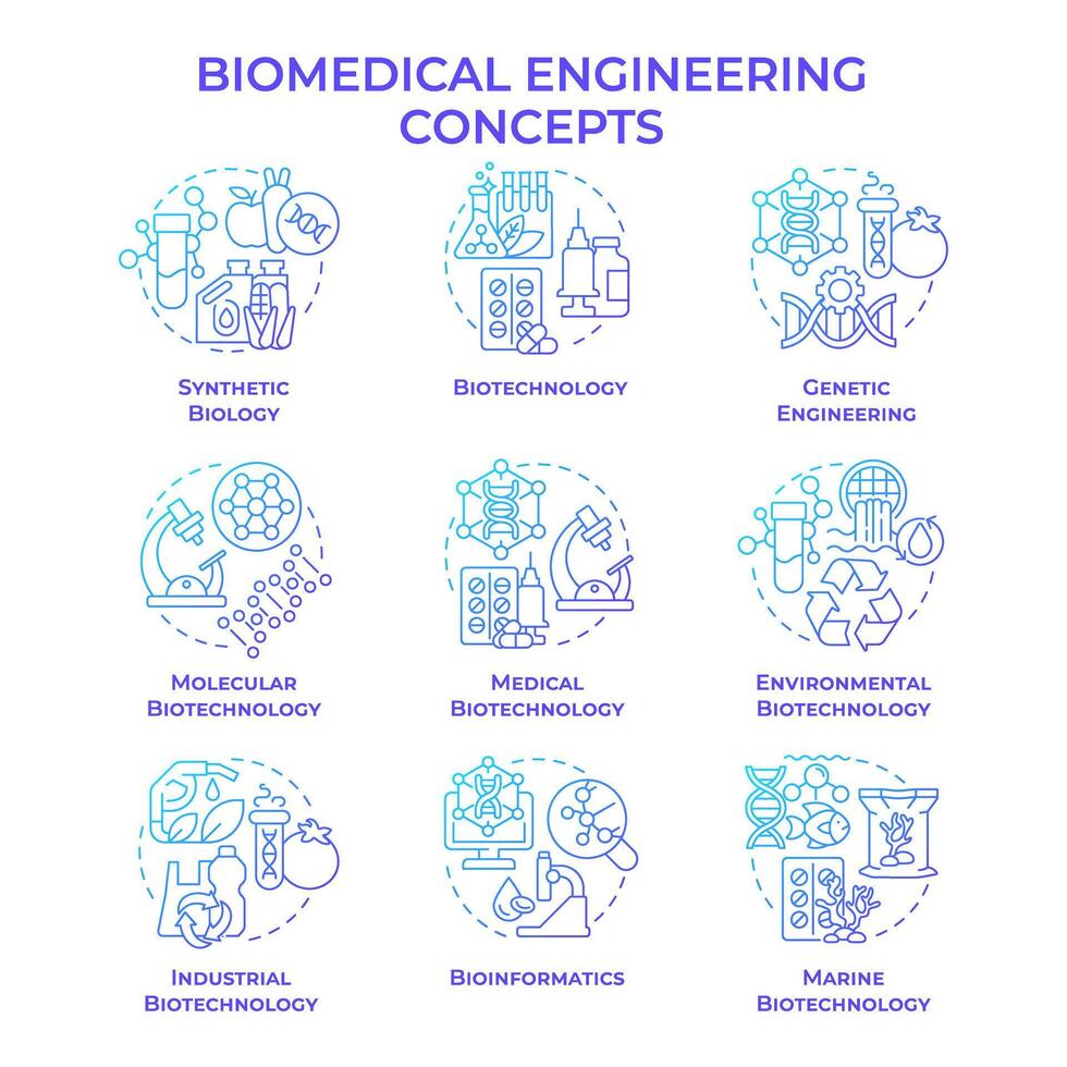Biomedical engineering blue gradient concept icons. Biotech fields. Academic disciplines. Icon pack. Round shape illustrations. Abstract idea. Easy to use in presentation vector