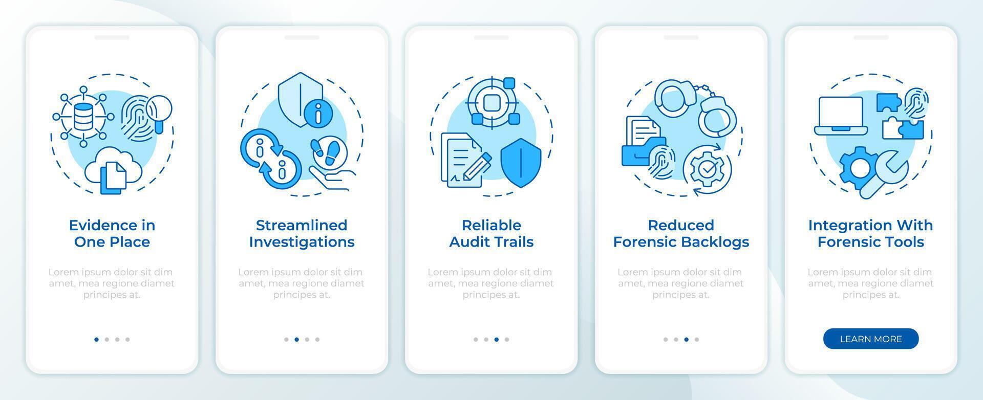 Evidence management benefits blue onboarding mobile app screen. Walkthrough 5 steps editable graphic instructions with linear concepts. UI, UX, GUI template vector