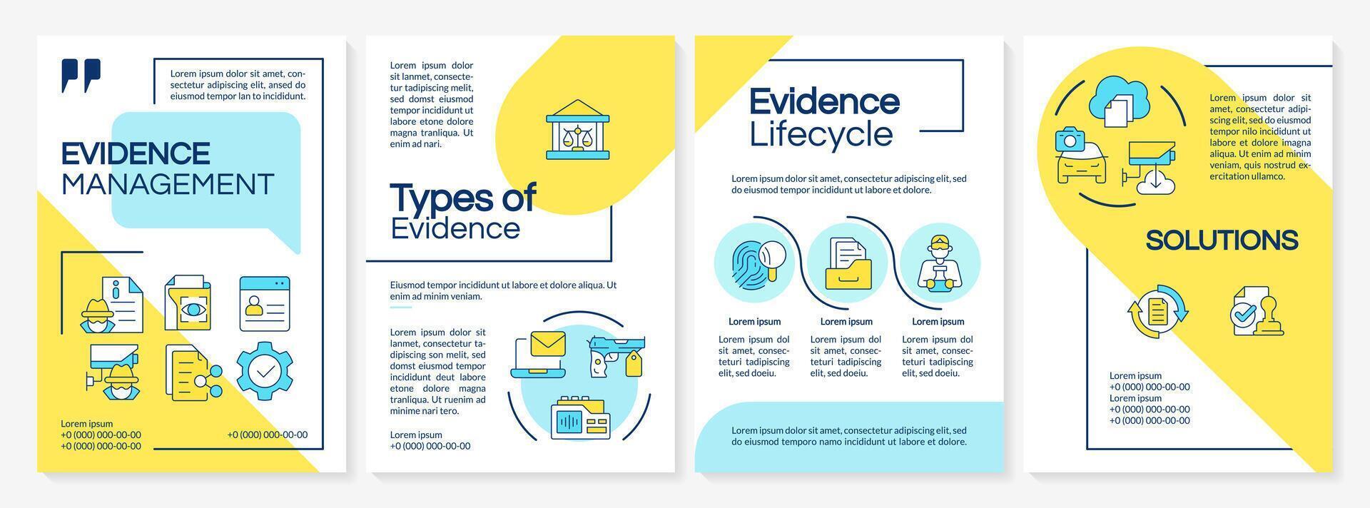 Evidence organization blue and yellow brochure template. Leaflet design with linear icons. Editable 4 layouts for presentation, annual reports vector