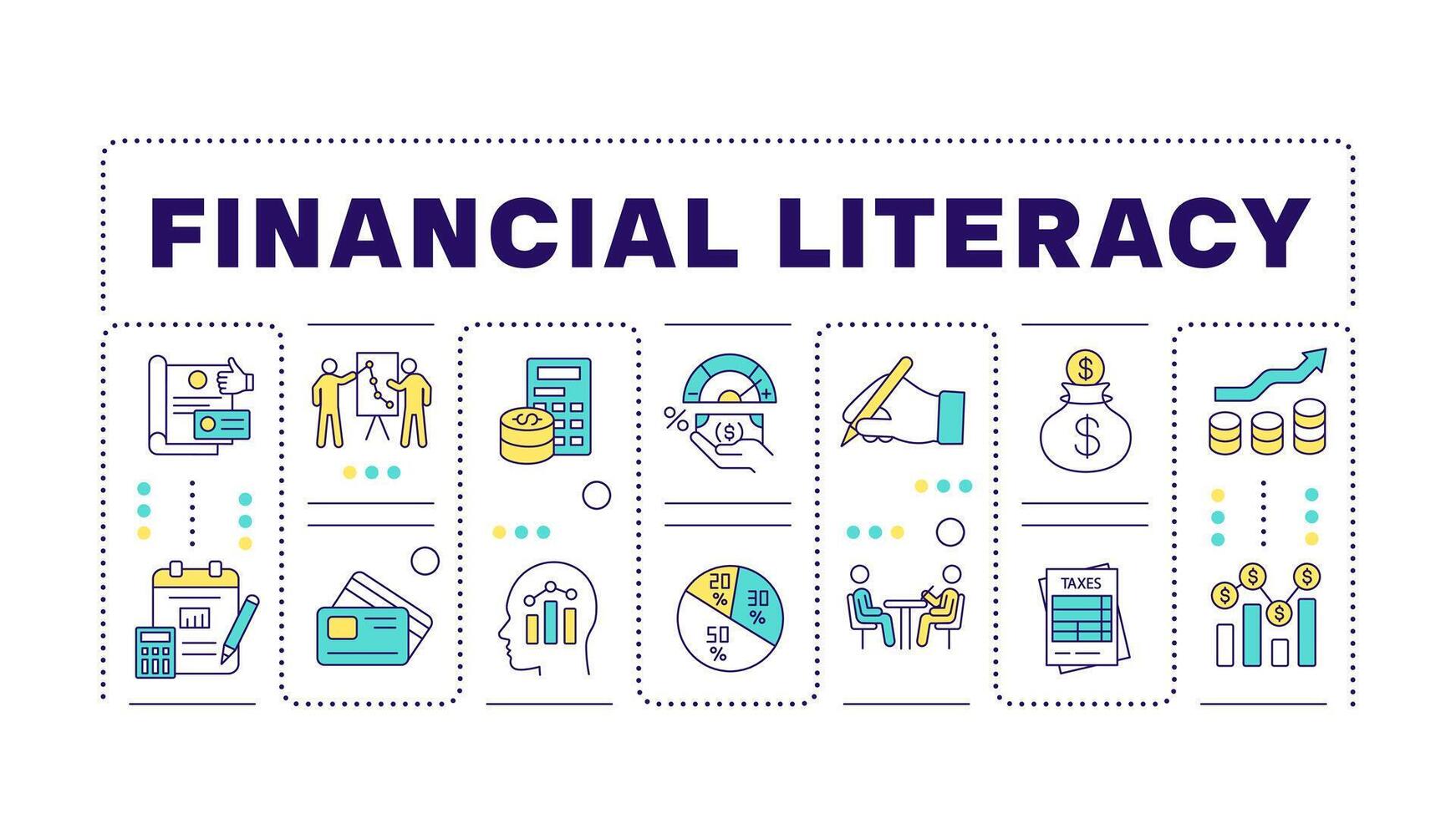 Financial literacy word concept isolated on white. Family saving, paying bills. Personal finance. Creative illustration banner surrounded by editable line colorful icons vector