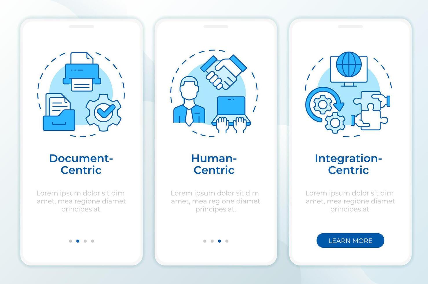 Centric BPM systems blue onboarding mobile app screen. Walkthrough 5 steps editable graphic instructions with linear concepts. UI, UX, GUI template vector