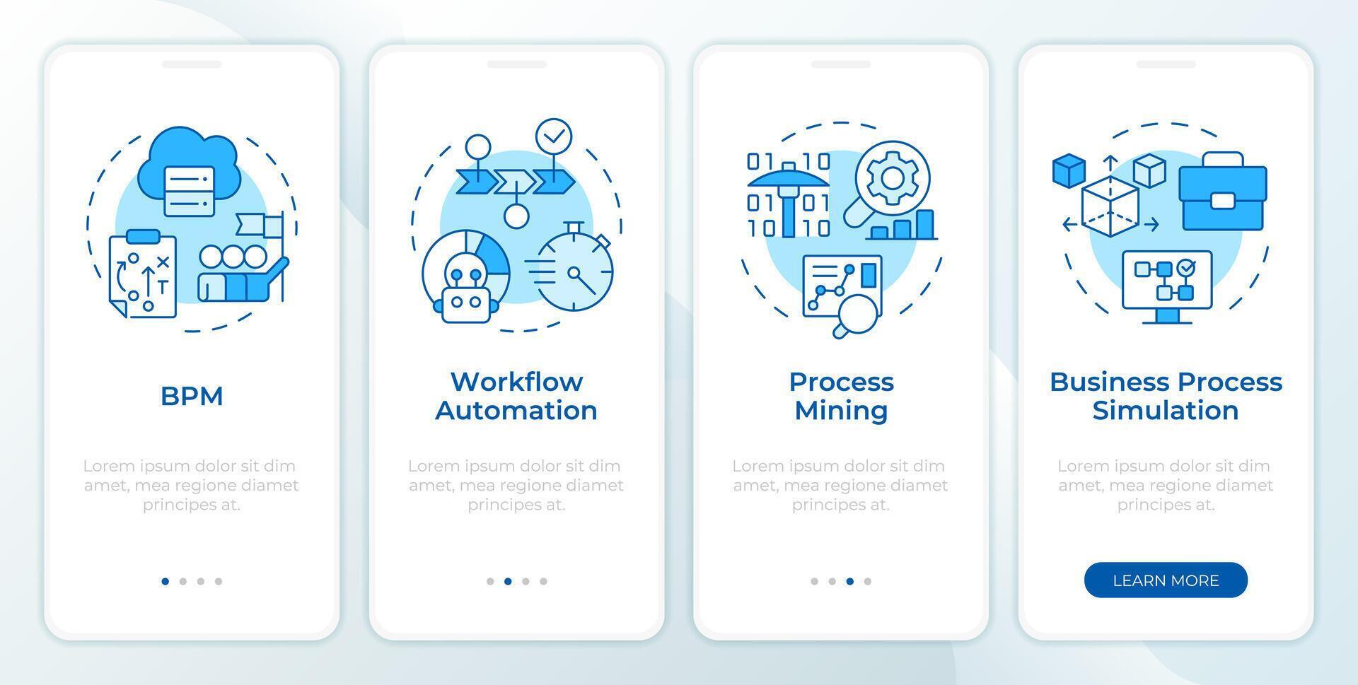 Business workflow automation blue onboarding mobile app screen. Walkthrough 4 steps editable graphic instructions with linear concepts. UI, UX, GUI template vector