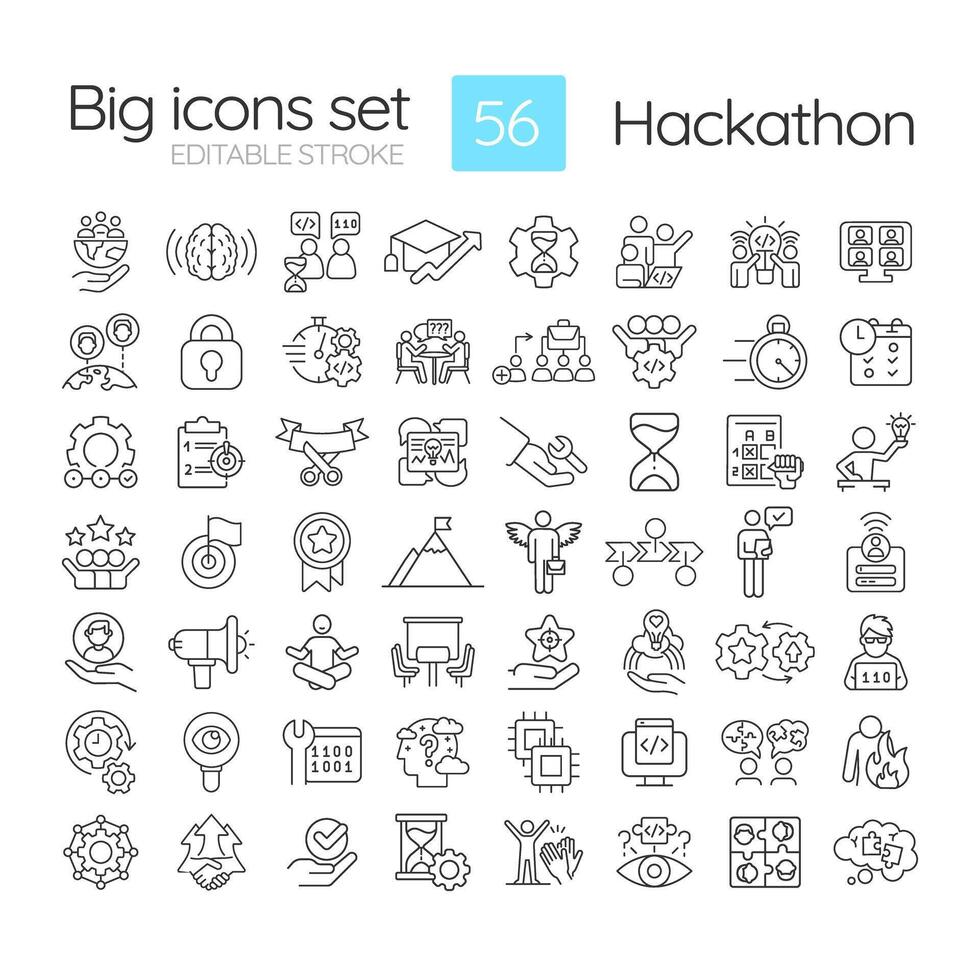 Hackathon linear icons set. Event for developers and programmrs. Tech solutions. Team competition. Customizable thin line symbols. Isolated outline illustrations. Editable stroke vector