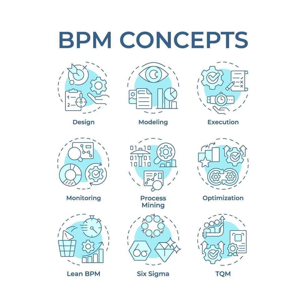 BPM soft blue concept icons. Workflow managing, operational efficiency. Lean management. Icon pack. Round shape illustrations for article, infographic. Abstract idea vector