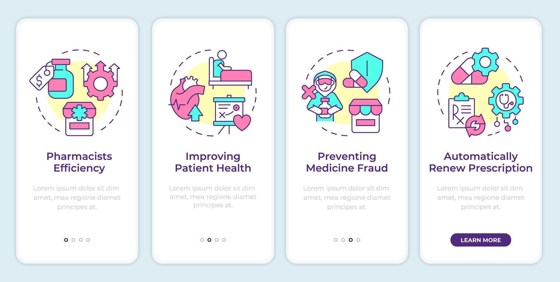 Pharmacy management system benefits onboarding mobile app screen. Walkthrough 4 steps editable graphic instructions with linear concepts. UI, UX, GUI template vector