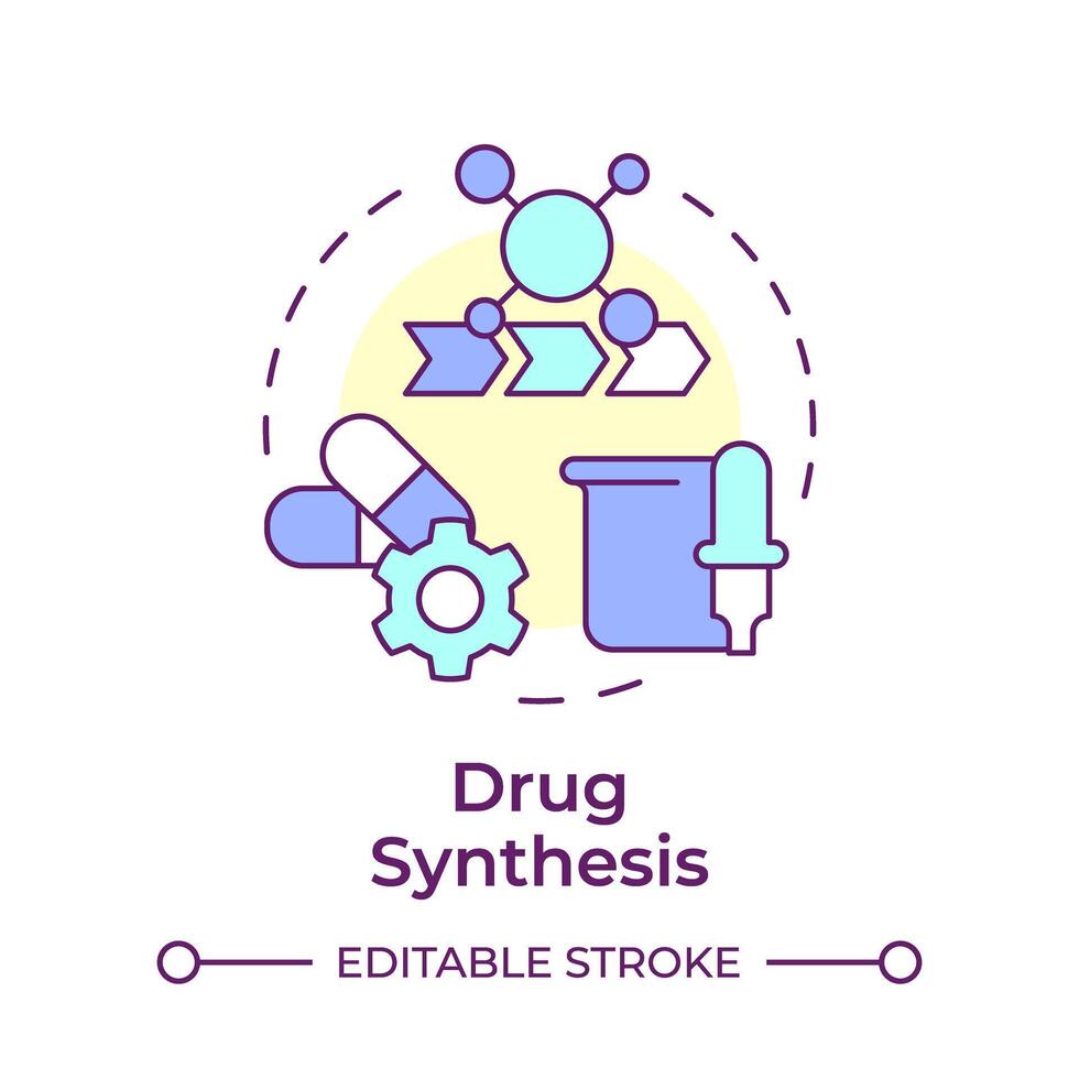 Drug synthesis multi color concept icon. Laboratory equipment. Medications mixing, compounding. Round shape line illustration. Abstract idea. Graphic design. Easy to use in infographic, article vector