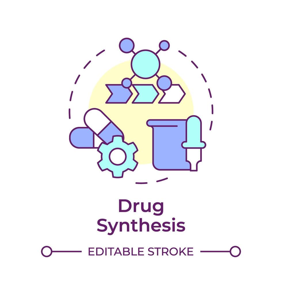 fármaco síntesis multi color concepto icono. laboratorio equipo. medicamentos mezclar, compuesto. redondo forma línea ilustración. resumen idea. gráfico diseño. fácil a utilizar en infografía, artículo vector