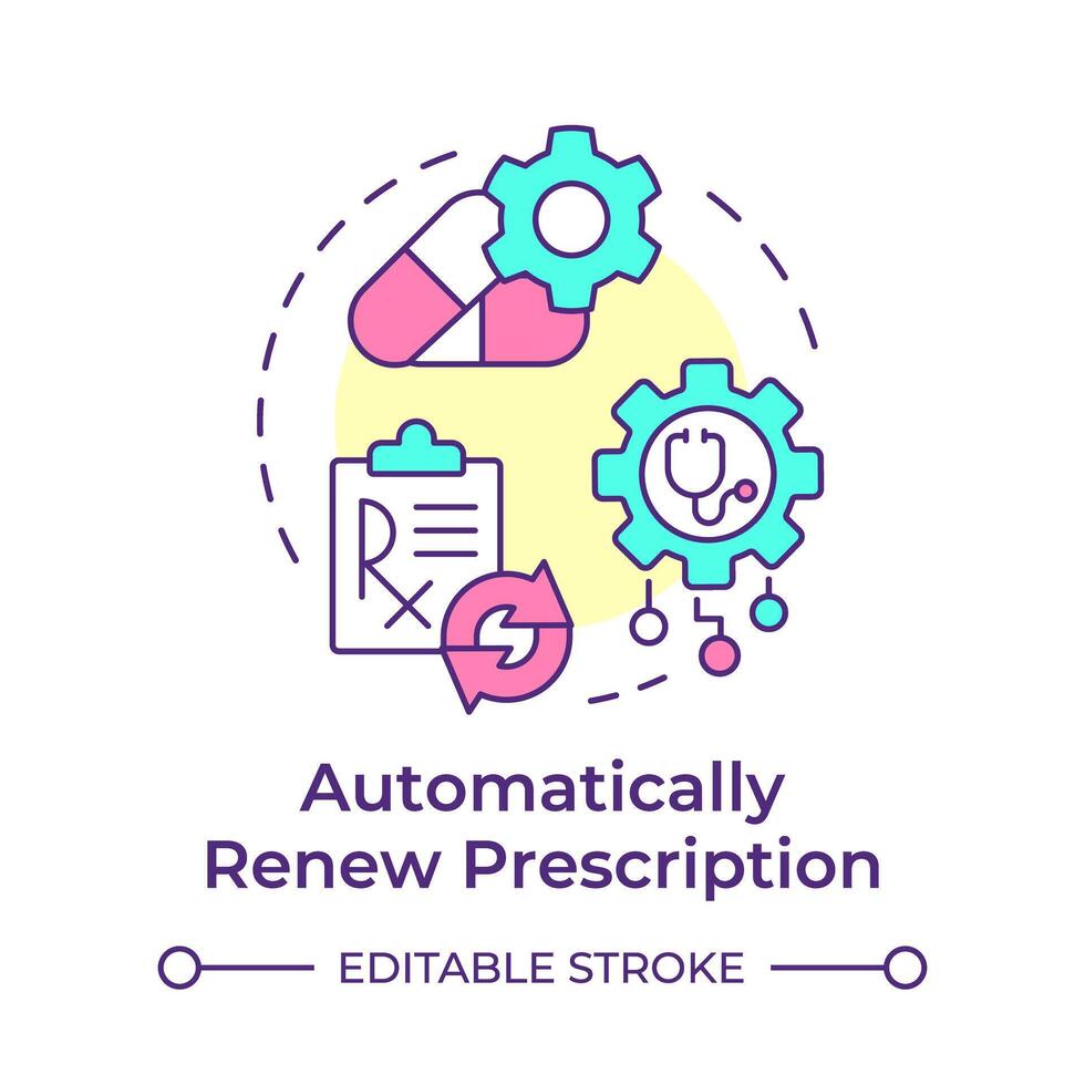 automáticamente renovar prescripción multi color concepto icono. farmacia software, médico tarjeta. redondo forma línea ilustración. resumen idea. gráfico diseño. fácil a utilizar en infografía, artículo vector