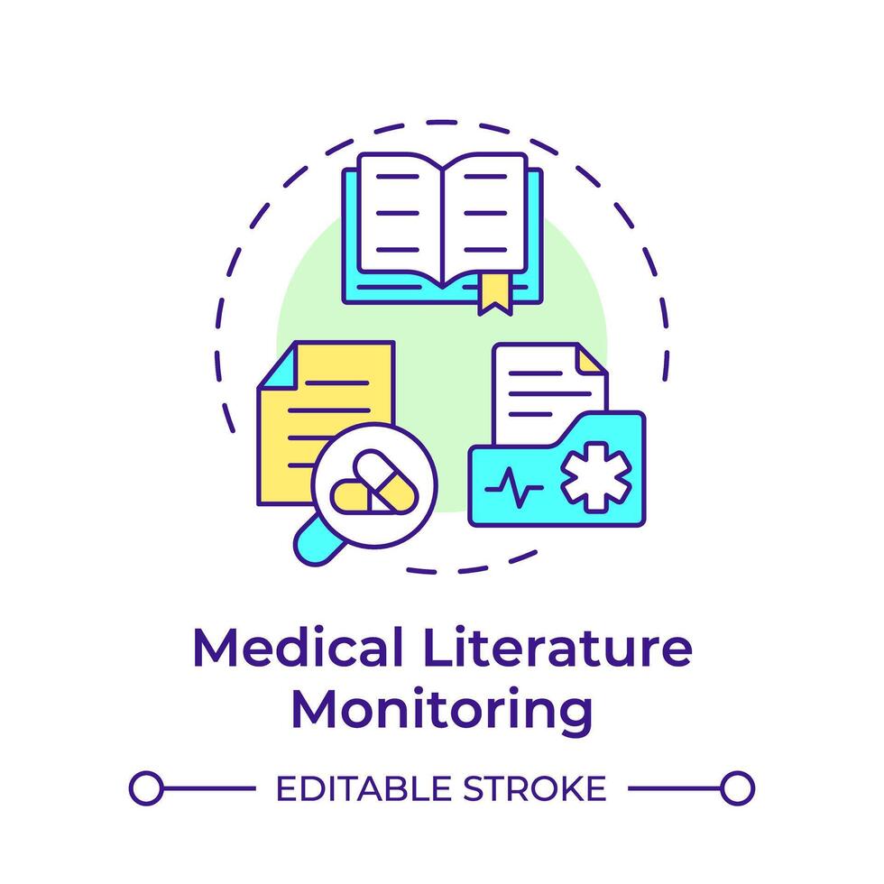 Medical literature monitoring multi color concept icon. Regulatory compliance, industry standard. Round shape line illustration. Abstract idea. Graphic design. Easy to use in infographic, article vector