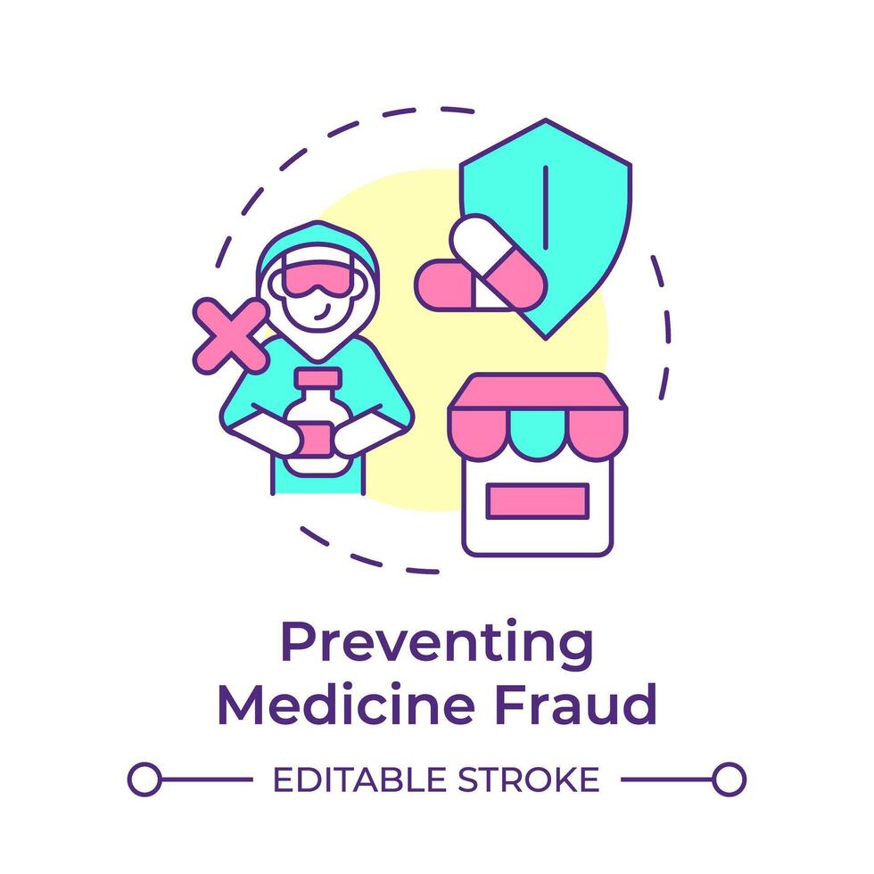 Preventing medicine fraud multi color concept icon. Pharmacy storefront, theft prevention. Round shape line illustration. Abstract idea. Graphic design. Easy to use in infographic, article vector