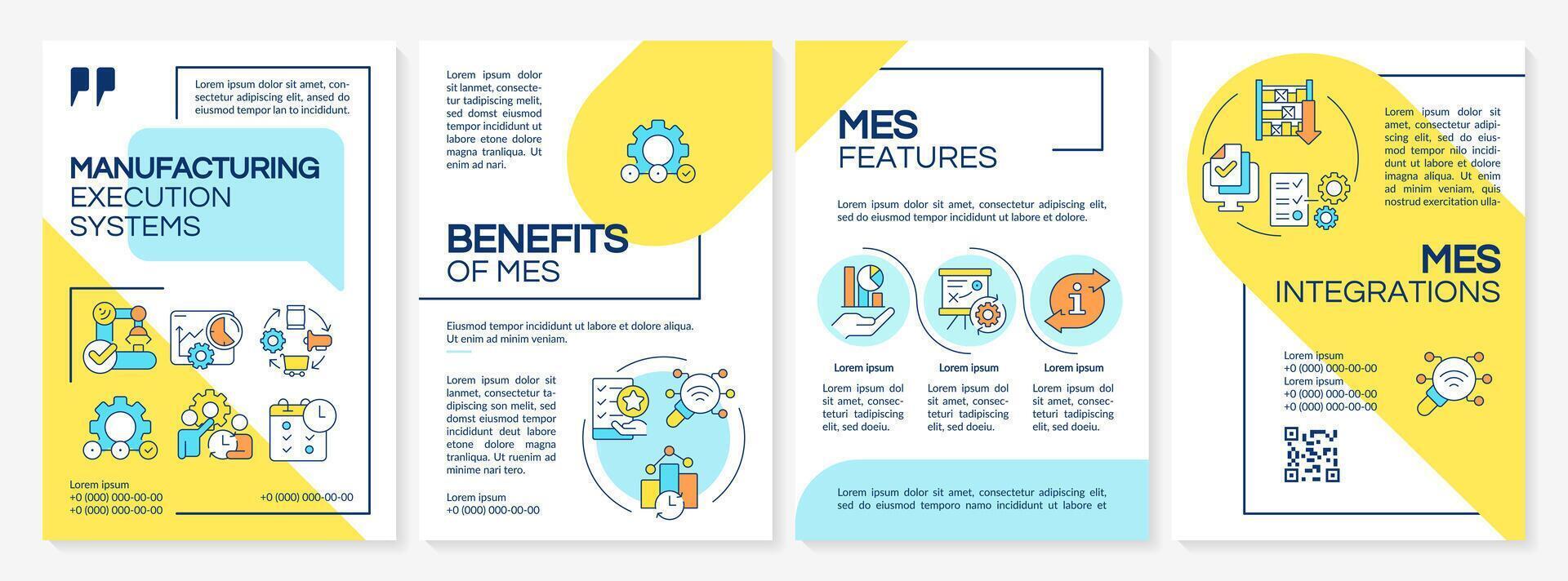 MES organization blue and yellow brochure template. Leaflet design with linear icons. Editable 4 layouts for presentation, annual reports vector