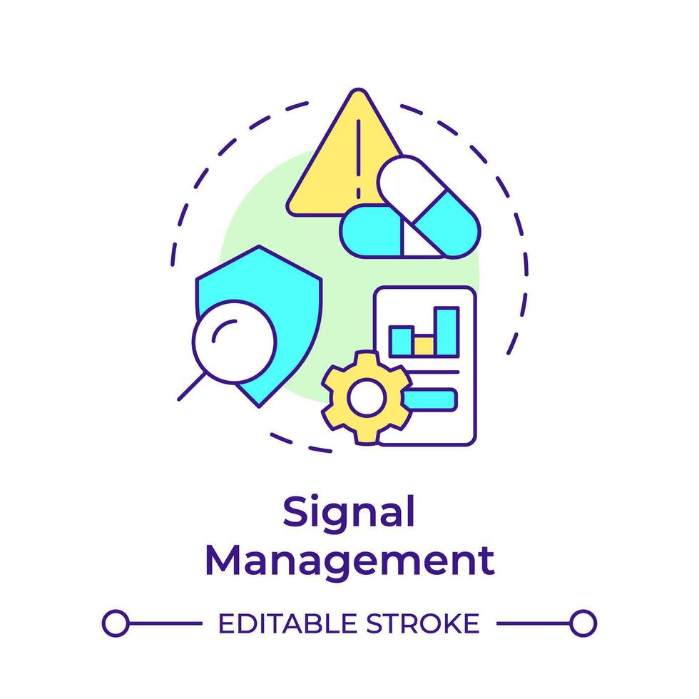 Signal management multi color concept icon. Product quality, pharmacovigilance. Risk evaluation. Round shape line illustration. Abstract idea. Graphic design. Easy to use in infographic, article vector