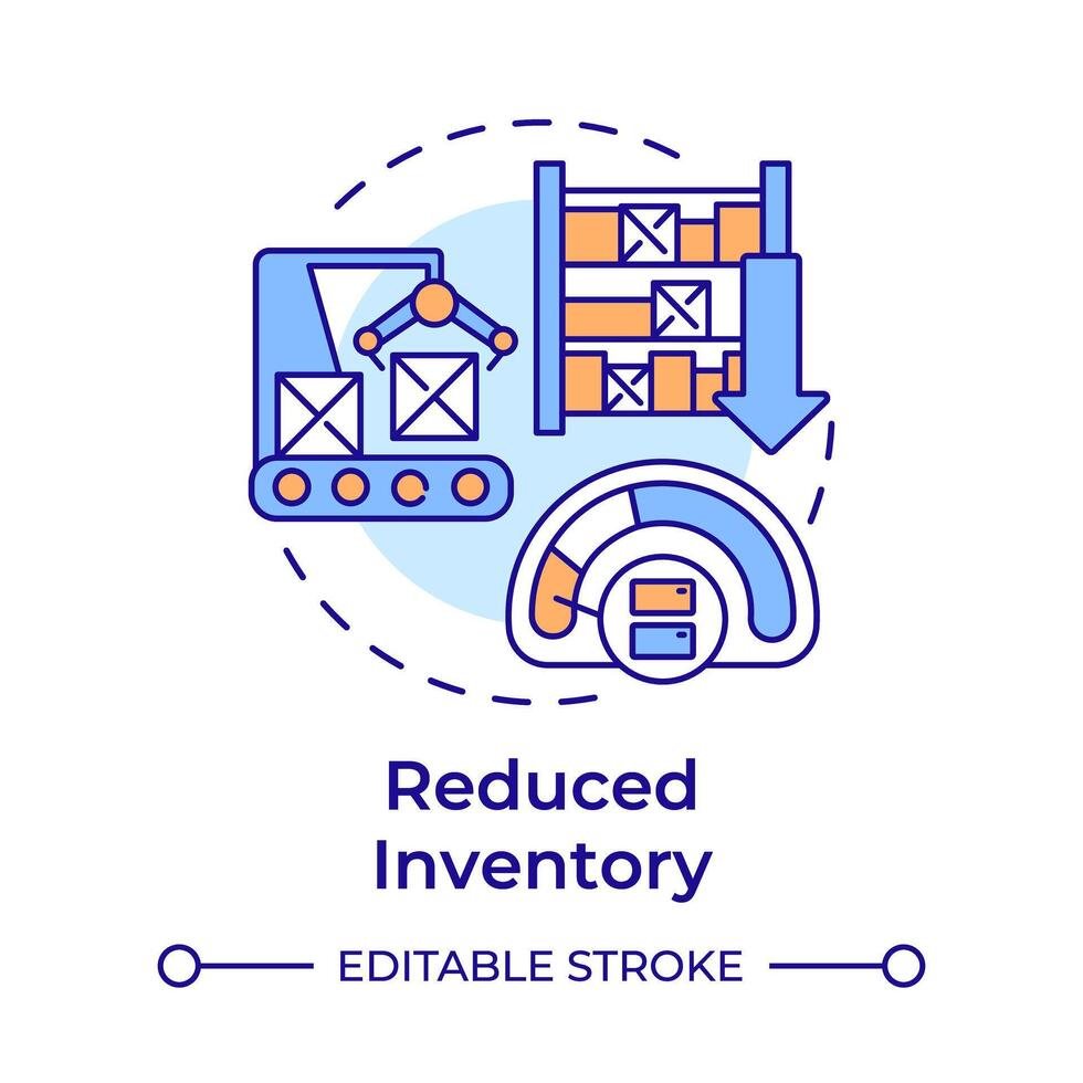 Reduced inventory multi color concept icon. Supply chain management. Production processes optimization. Round shape line illustration. Abstract idea. Graphic design. Easy to use in infographic vector