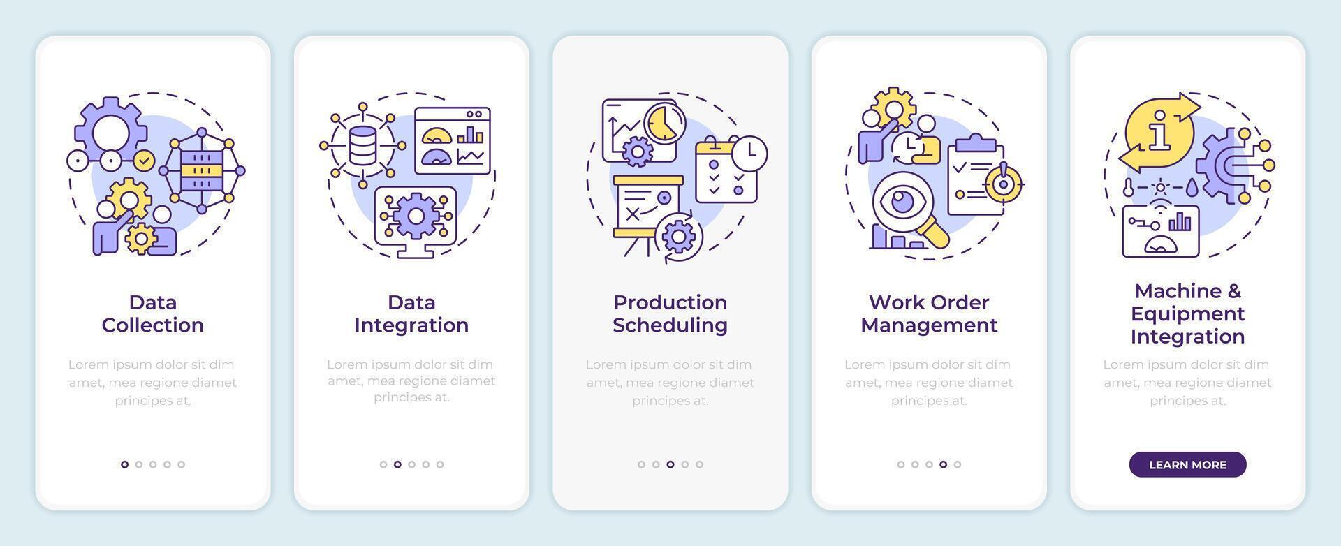 MES features onboarding mobile app screen. Factory automation. Walkthrough 5 steps editable graphic instructions with linear concepts. UI, UX, GUI template vector