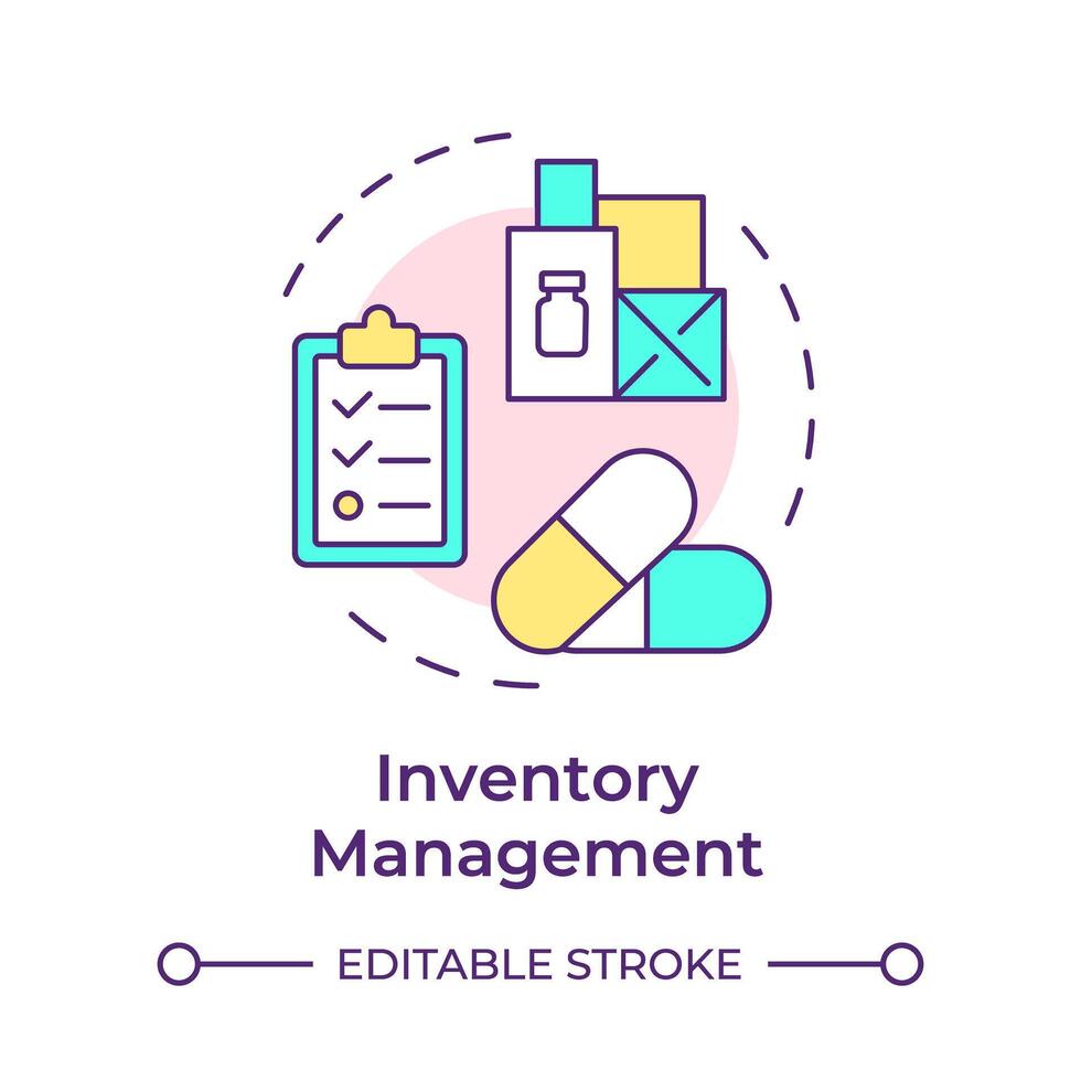 Inventory management multi color concept icon. Drug manufacturing, pharmaceutical products. Round shape line illustration. Abstract idea. Graphic design. Easy to use in infographic, article vector
