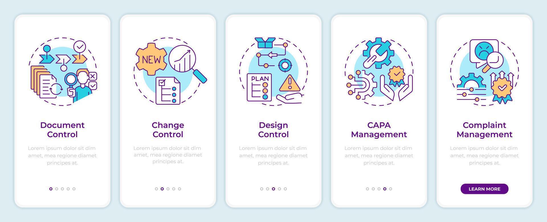 QMS processes onboarding mobile app screen. Document control. Walkthrough 5 steps editable graphic instructions with linear concepts. UI, UX, GUI template vector