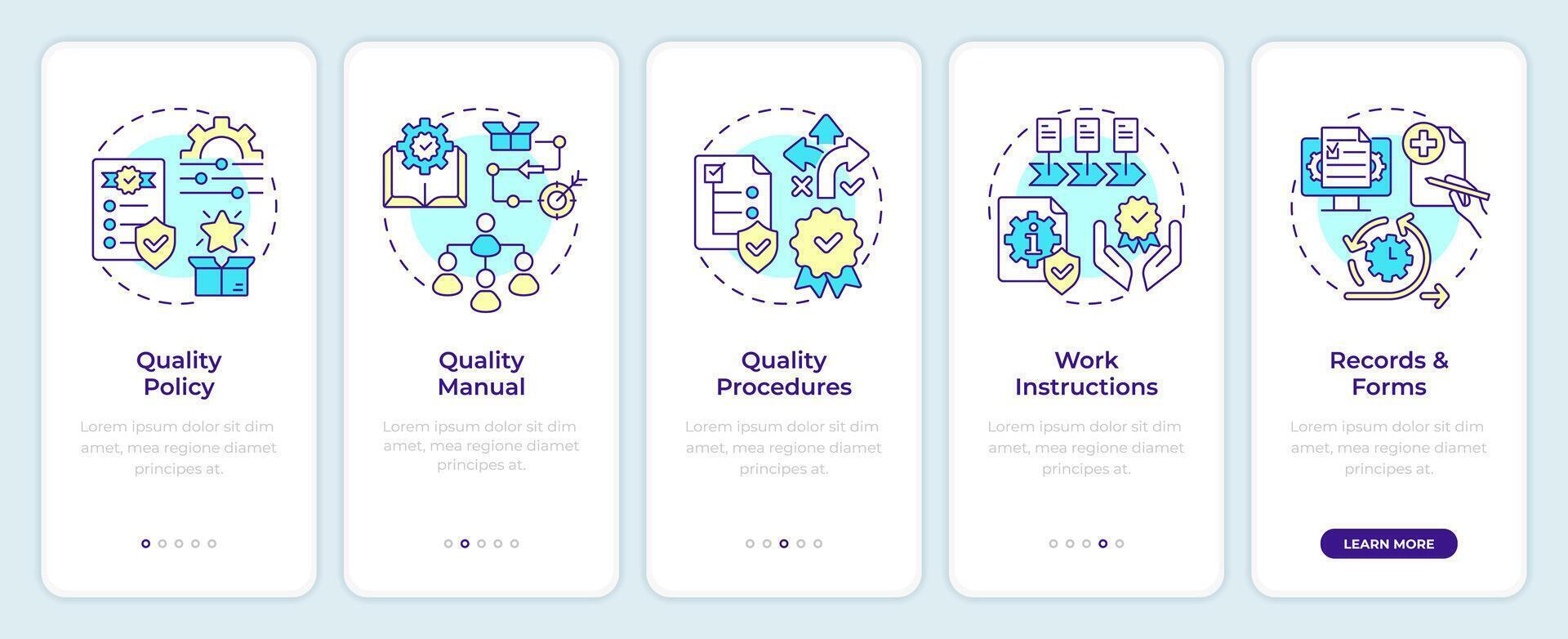QMS document structure onboarding mobile app screen. Walkthrough 5 steps editable graphic instructions with linear concepts. UI, UX, GUI template vector