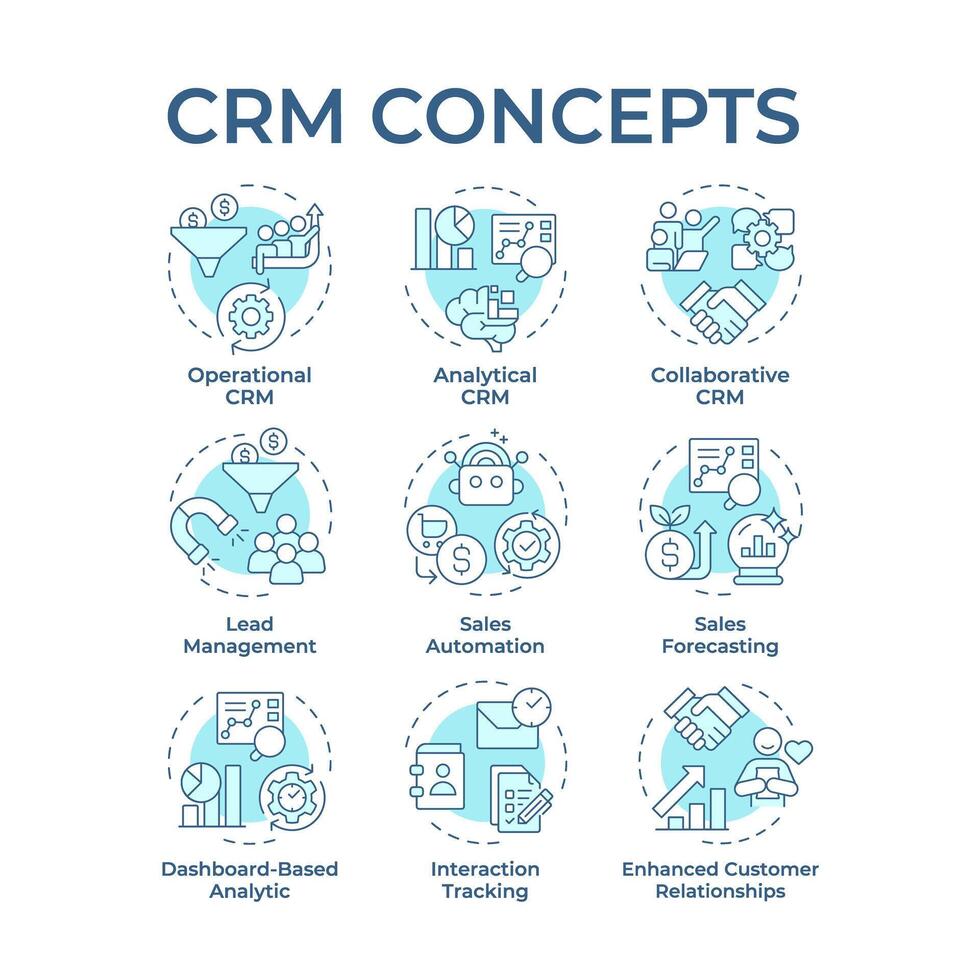 CRM system types soft blue concept icons. Customer management, sales automation. Business intelligence. Icon pack. Round shape illustrations for infographic. Abstract idea vector