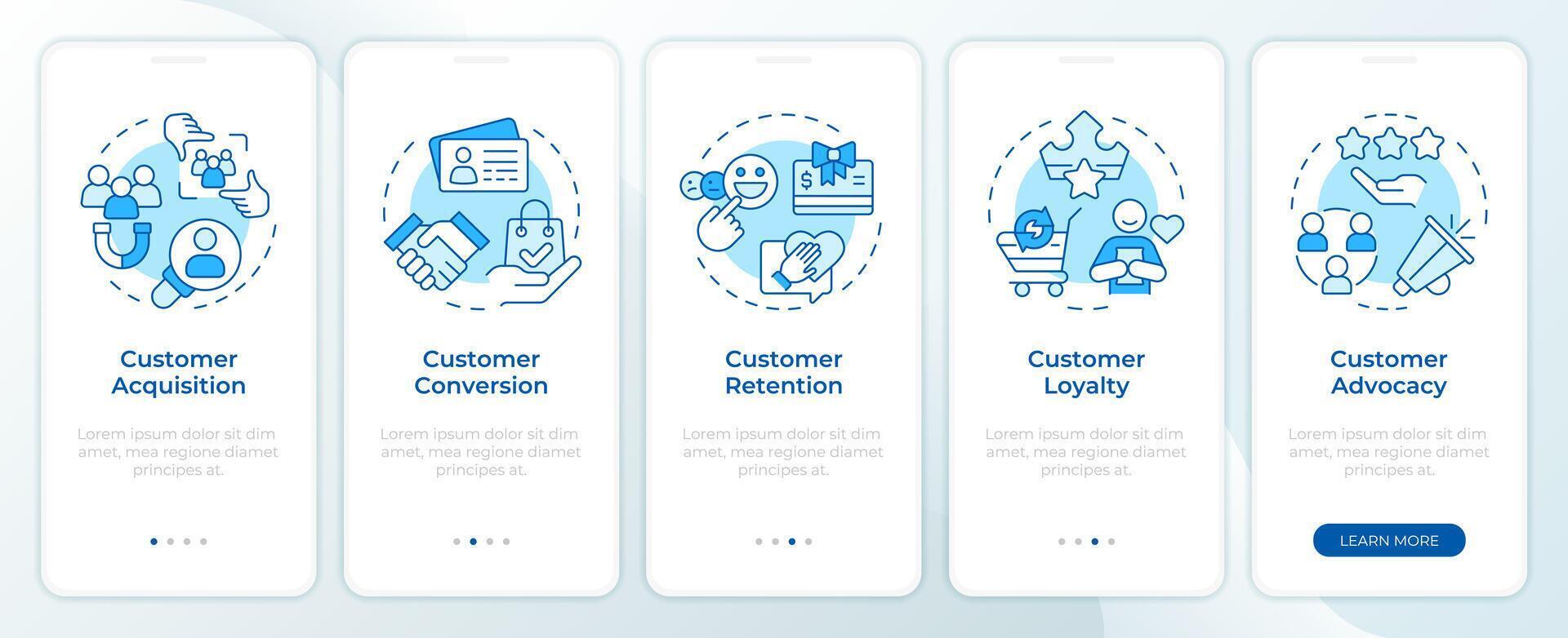 Customer relationships blue onboarding mobile app screen. Walkthrough 5 steps editable graphic instructions with linear concepts. UI, UX, GUI template vector