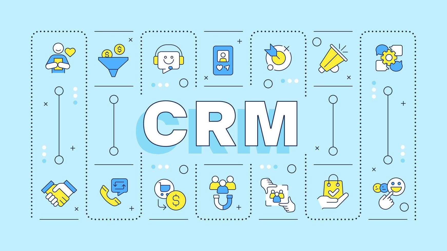 CRM turquoise word concept. Customer data. Social media engagement. Business intelligence. Typography banner. Illustrationwith title text, editable icons color vector
