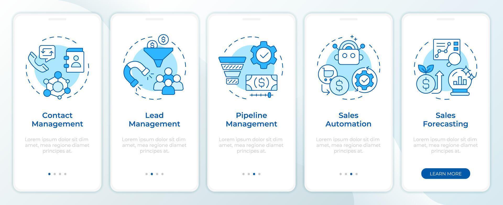 CRM features blue onboarding mobile app screen. Walkthrough 5 steps editable graphic instructions with linear concepts. UI, UX, GUI template vector