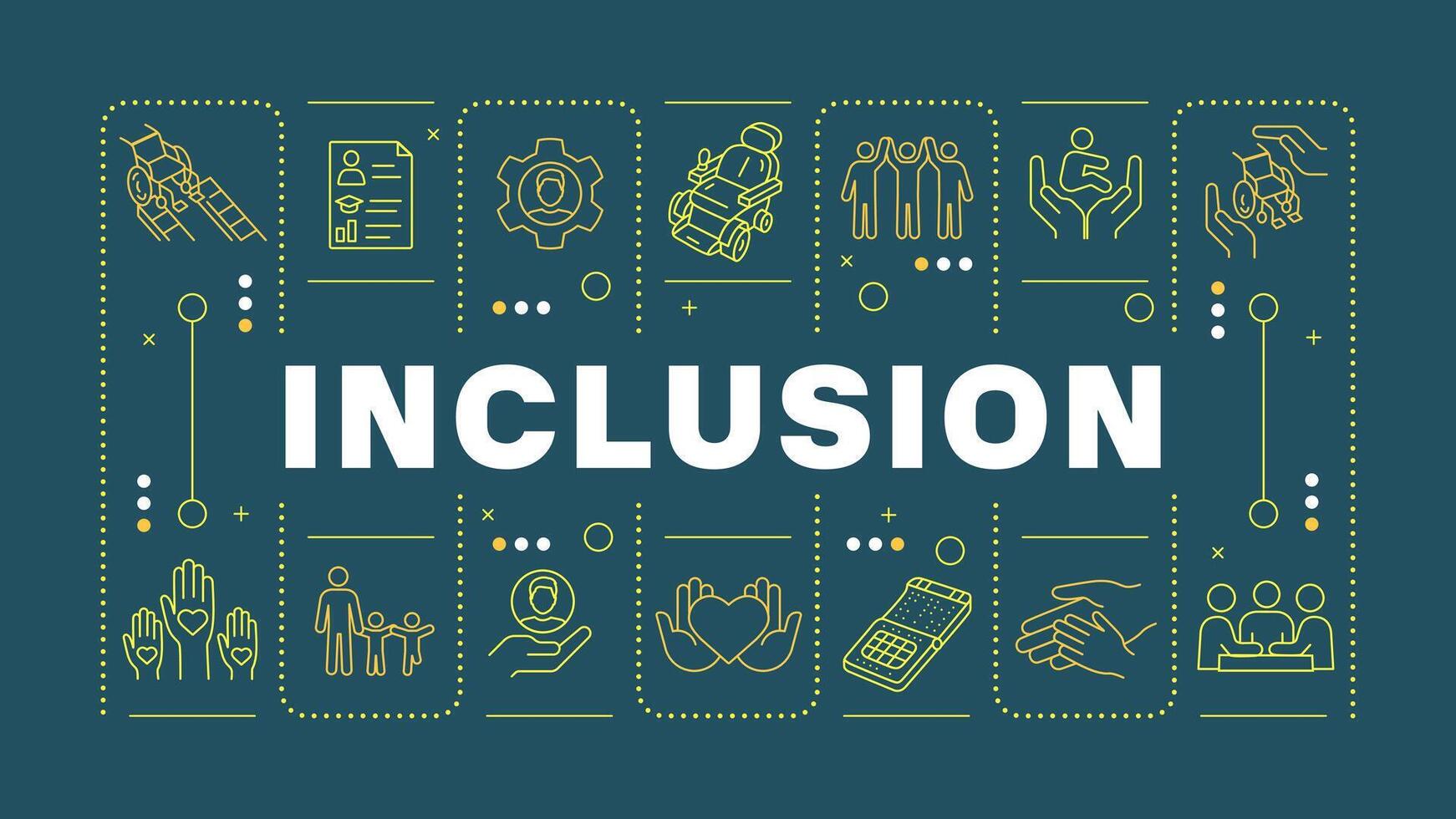 Inclusion purple word concept. Diversity business disability. Social justice, accessibility. Horizontal image. Headline text surrounded by editable outline icons vector