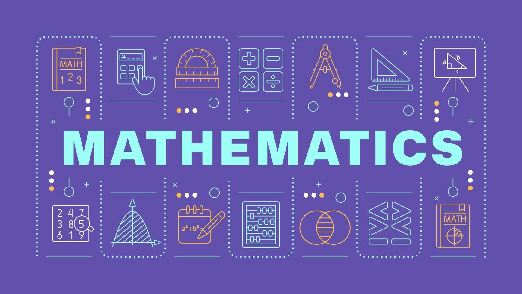 Mathematics light orange word concept. Science calculations. Academic discipline, algebra. Horizontal image. Headline text surrounded by editable outline icons vector