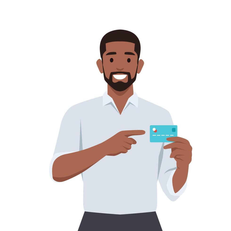 Man showing or holding credit or debit card and pointing hand. vector