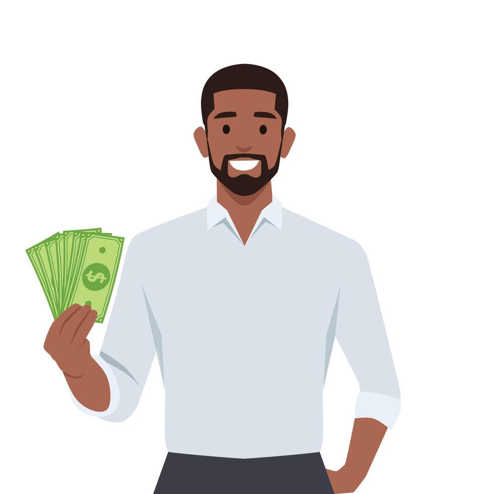 Business man in suit standing holding fan of dollar cash showing money. vector