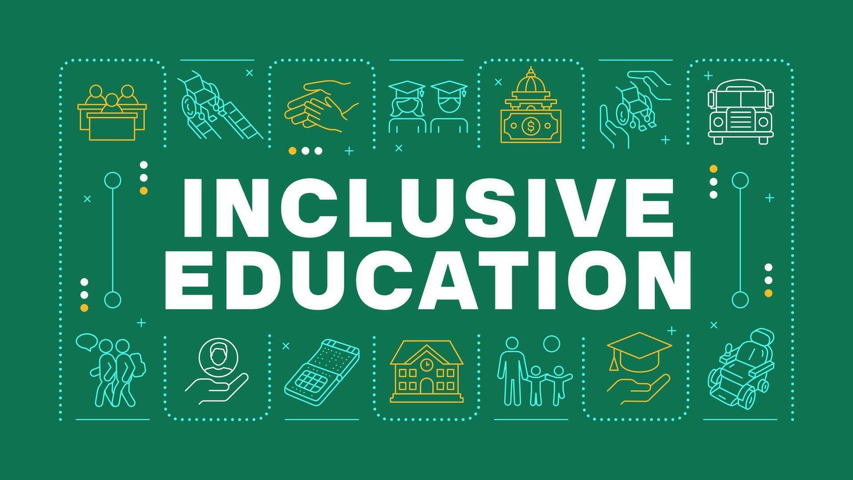 Inclusive education yellow word concept. School inclusion, equality. Disability acceptance. Horizontal image. Headline text surrounded by editable outline icons vector