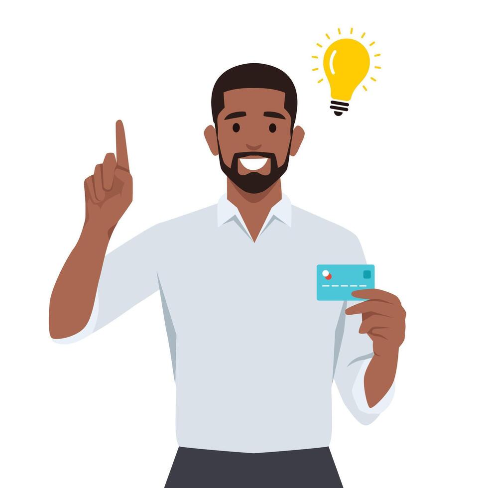 Young man thinking and got an idea for using a credit card. vector