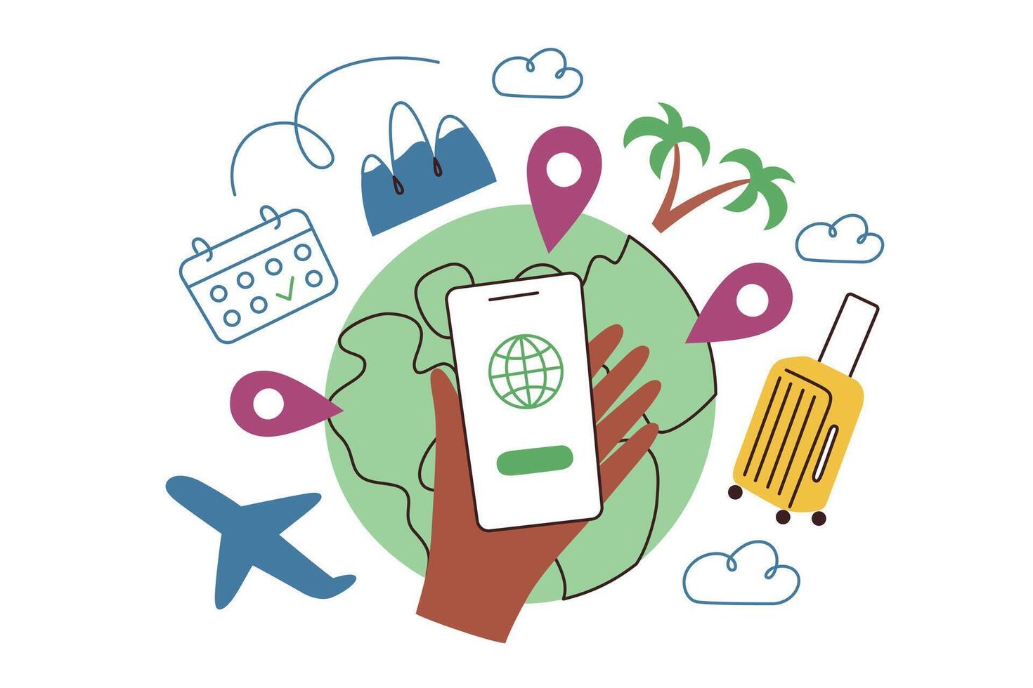 Planning travel composition, globe with location icons, hand with smartphone, illustration of mobile app for tourists, website for travelers, organizing vacation, suitcase, calendar doodles vector