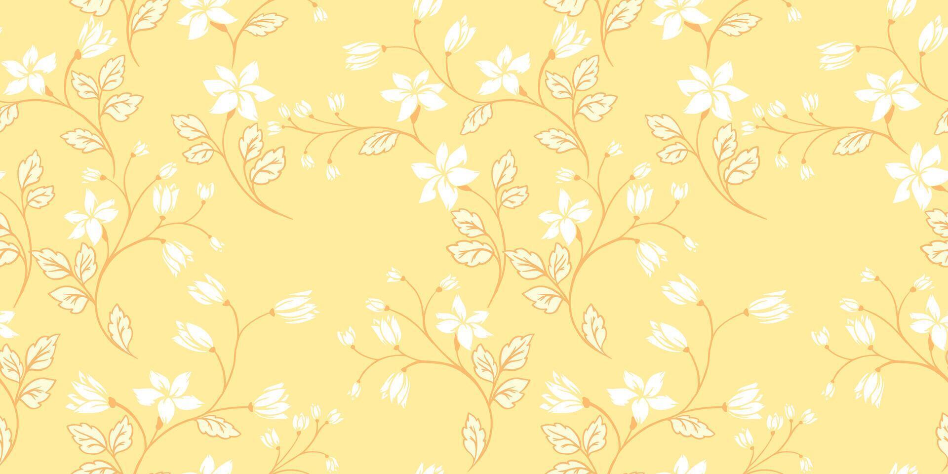 Yellow blooming seamless pattern with tiny wild floral stems. Abstract artistic shapes branches with ditsy flowers, buds, small leaves printing. hand drawing. Ornament for design, fabric vector