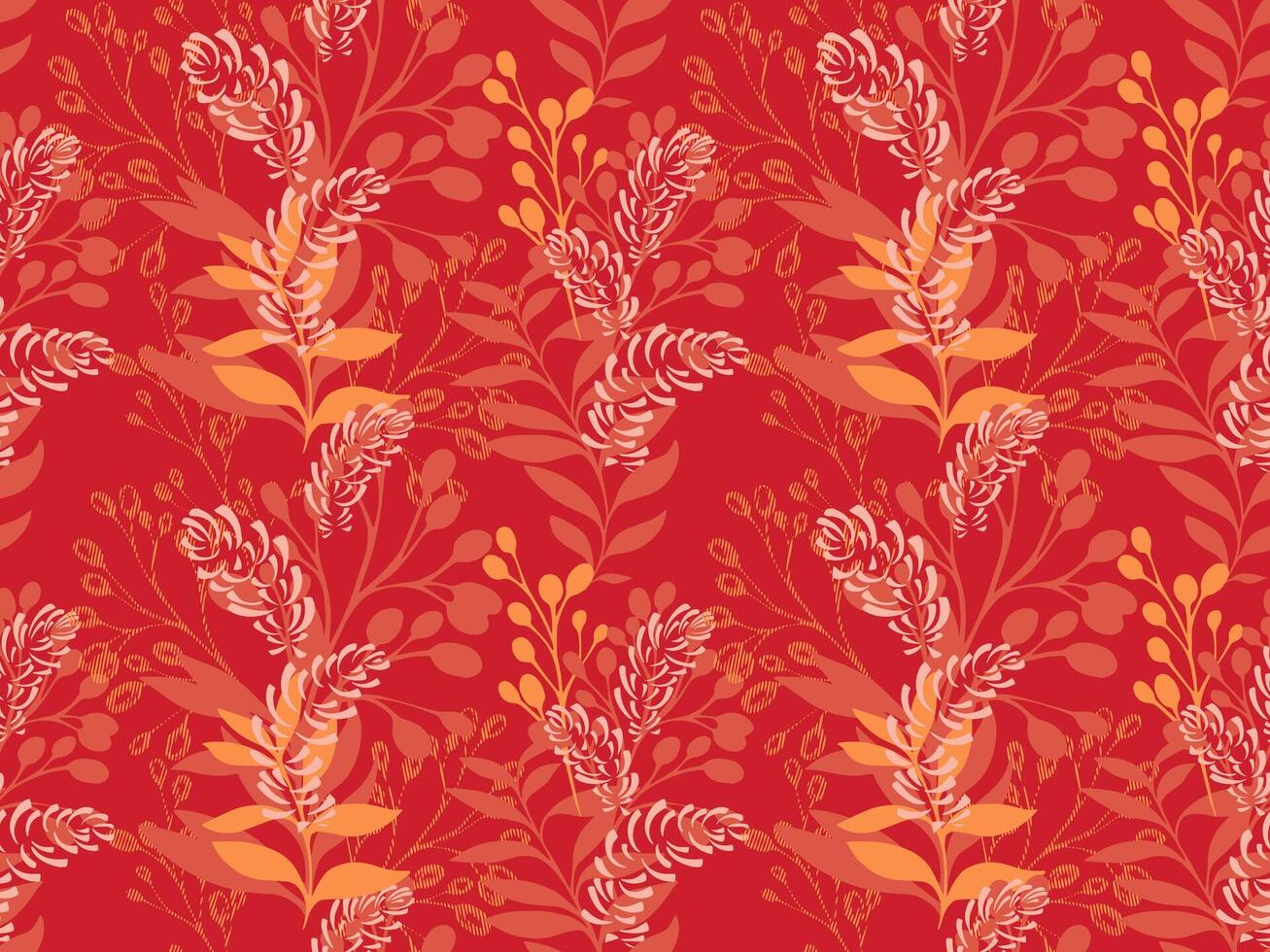 Abstract artistic branches, forms leaves intertwined seamless pattern. hand drawing illustration. Colorful orange printing with creative shapes leaf. Template for designs, textile, fabric vector