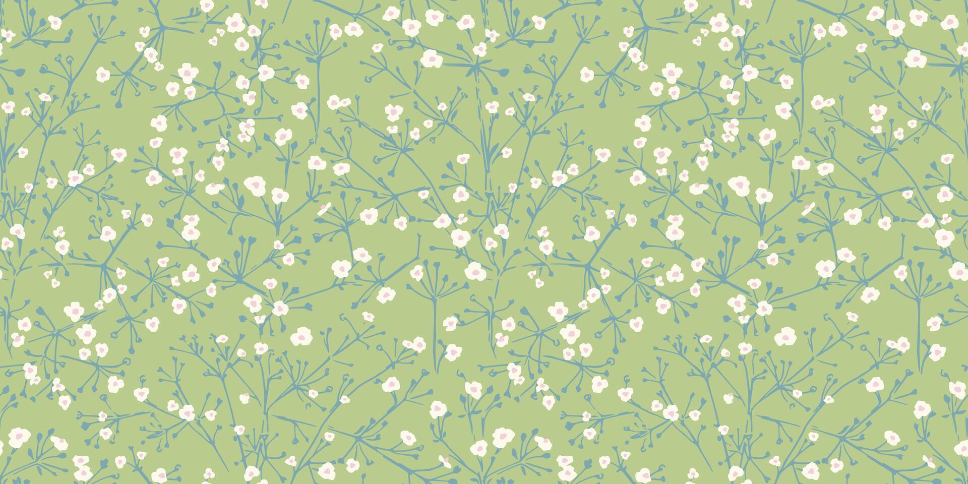 Pastel blooming tiny plants seamless pattern on a green, mint background. hand drawing. Abstract shapes small branches with ditsy flowers printing. Ornament for design, fabric, textiles vector