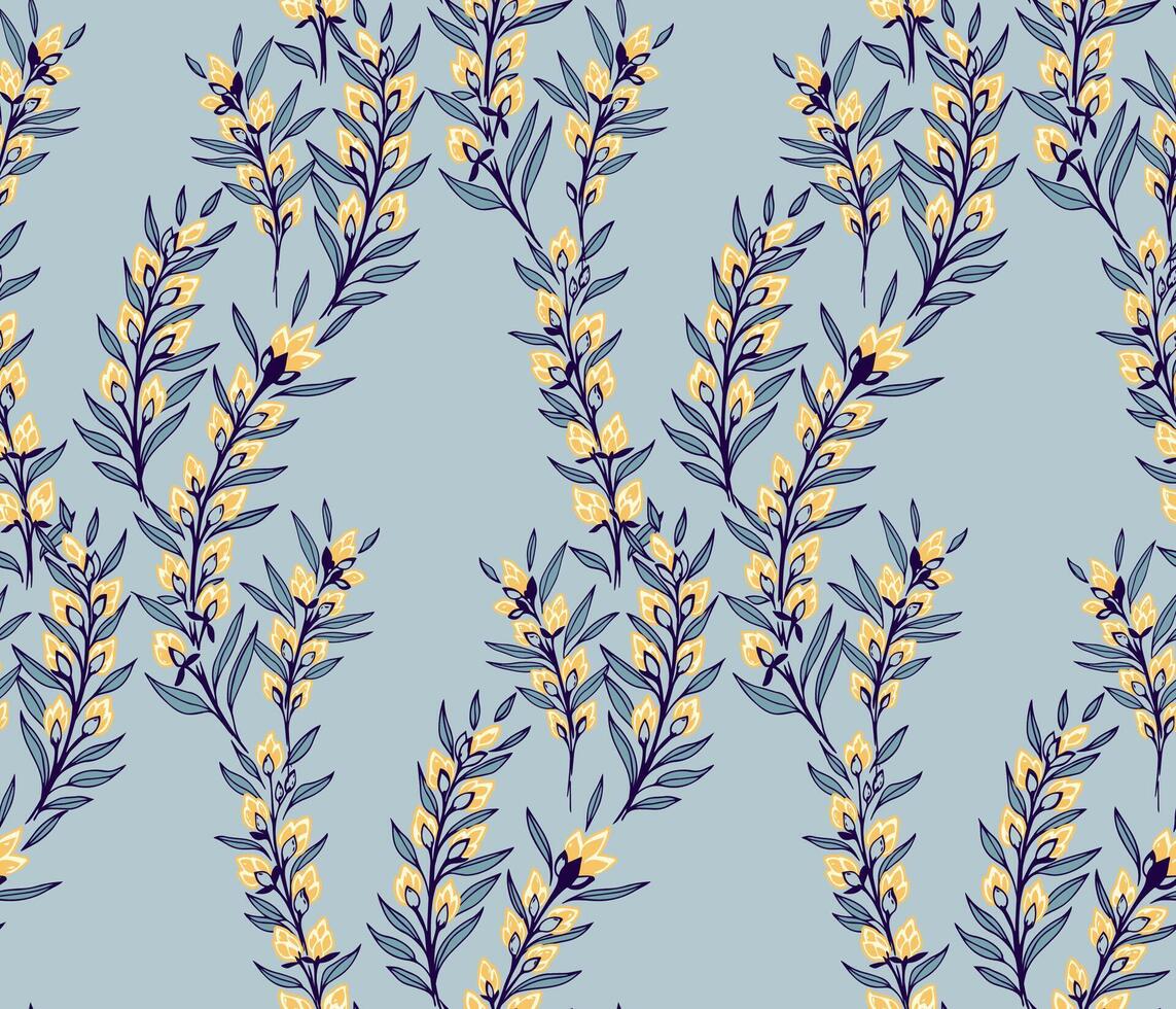 Blue seamless pattern with creative branches with flowers buds and tiny leaves intertwined in a seamless pattern. hand drawn illustration. Abstract decorative wild floral stems printing. vector