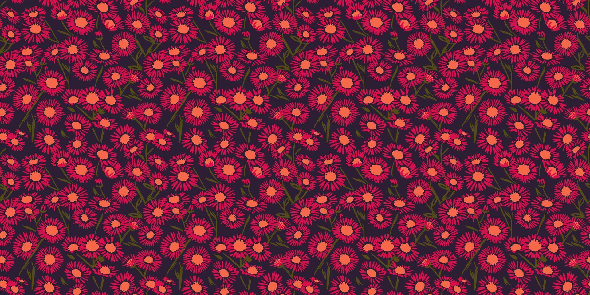 Abstract artistic chamomiles flowers seamless pattern. Blooming red wild meadow printing on a black background. hand drawing. Ornament repeated for designs, fabric, textiles, fashion vector