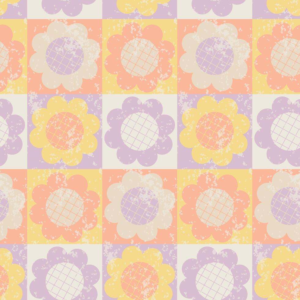 Y2K aesthetics, Groovy Daisy Flowers Seamless Pattern with texture in swatches. Floral Background in 1970s Hippie Retro Style for Print on Textile, Wrapping Paper, Web Design and Social Media. vector