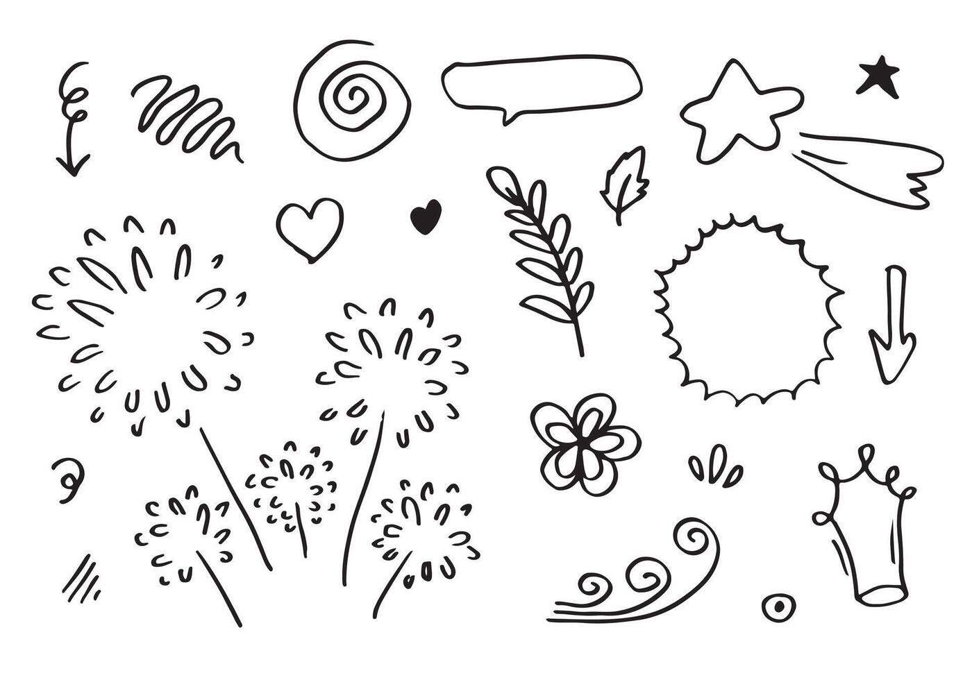 Hand drawn set elements, black on white background.,Arrow, heart, love, star, leaf, circle, light, flower, crown,Swishes, swoops, emphasis ,swirl for concept design. vector
